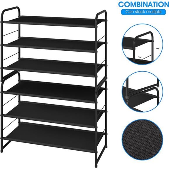 3-Tier Stackable Shoe Rack, Expandable & Adjustable Fabric Shoe Shelf Storage - Picture 3 of 7